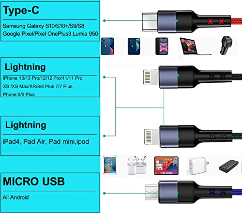 2 ב -3 כבל מטען רב טלפוני, [10ft] 4 בכבל טעינה 1 כבל טעינה מרובה כבל USB מטען קלוע ניילון עבור IP/Type-C/Micro-USB